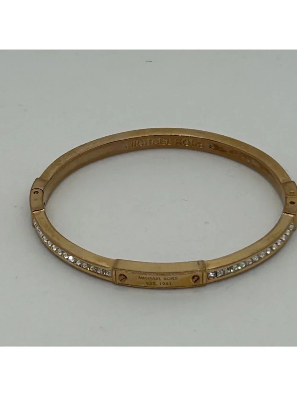 Michael Kors Gold Tone Hinged Bangle Bracelet With Channel Set Crystal Rhineston
